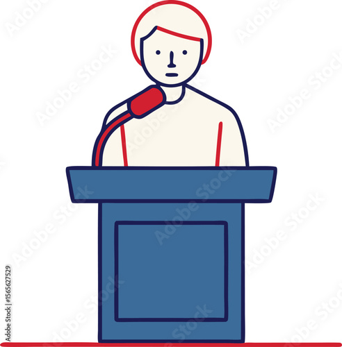 Speaker giving speech behind podium with microphone cartoon drawing vector illustration