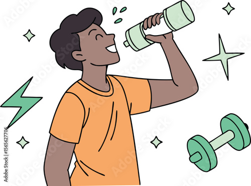 Athlete hydrates after workout dumbbell lightning stars water bottle hydration vector illustration