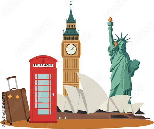 Famous landmarks Statue of Liberty Big Ben London telephone booth and Sydney Opera House travel vector illustration 
