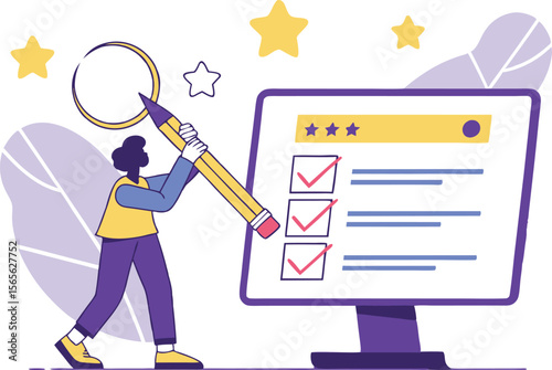 Completing online survey form with positive feedback and evaluation review vector illustration