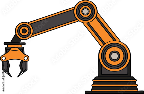 Orange and black industrial robotic arm with metal claw design vector illustration