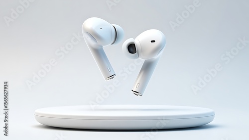 White Wireless Earbuds Floating Above White Charging Case