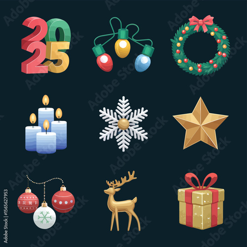vector Happy New Year Celebrating 2025 in Latin letters , Christmas Decoration Items Santa Claus
