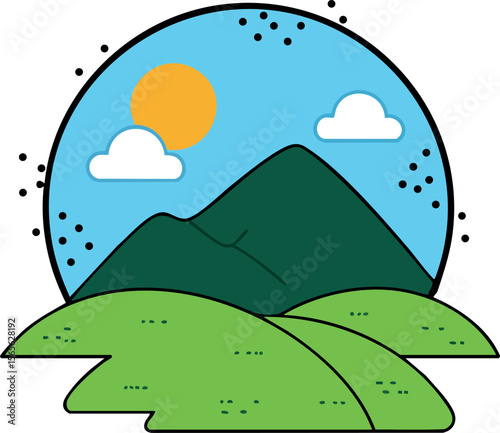 Mountain Landscape with Green Hills and Sunny Sky Vector Illustration 