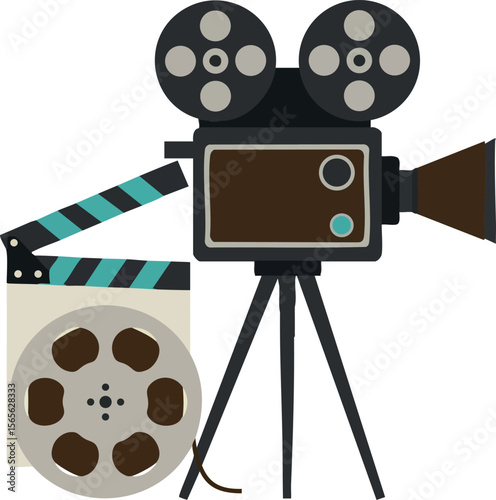 Vintage Film Camera and Movie Clapperboard Vector Illustration with Reel and Tripod Design 