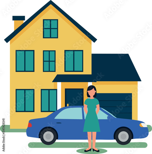 Woman standing next to blue car in front of yellow house with garage vector illustration 