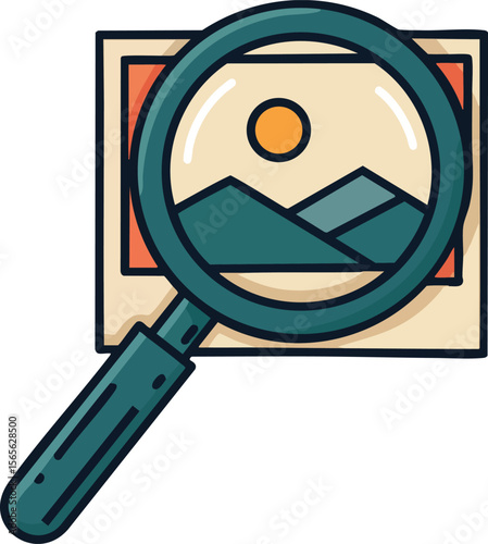 Magnifying Glass Inspecting Landscape Image Icon with Blue and Orange Colors Vector Illustration 