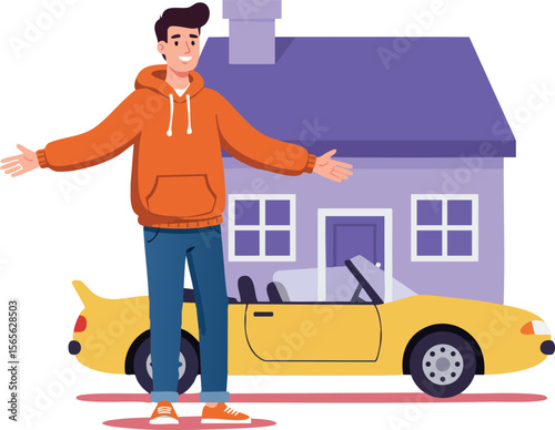 Young man standing beside yellow convertible car in front of purple house vector illustration 