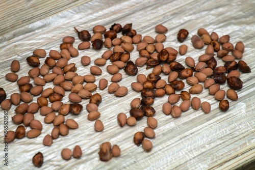 Washed cherry pits drying on a table after cleaning, ready for reuse or crafting purposes