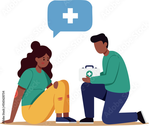 Medical Assistance Scene with Nurse Helping Injured Woman in Casual Clothes vector illustration 