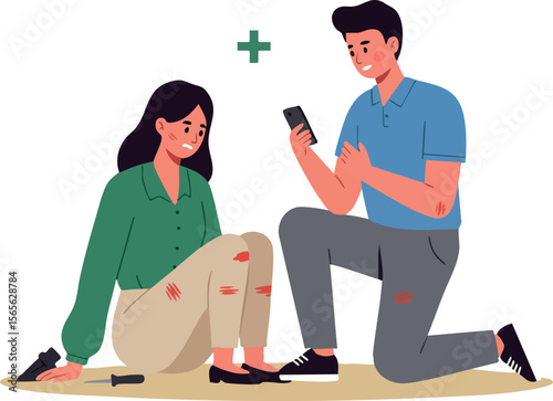 Man Helping Woman With First Aid Injury Vector Illustration in Casual Clothing 