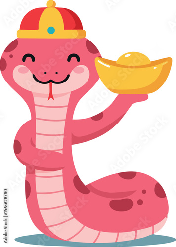 Pink cartoon snake wearing traditional hat holding gold ingot vector illustration 