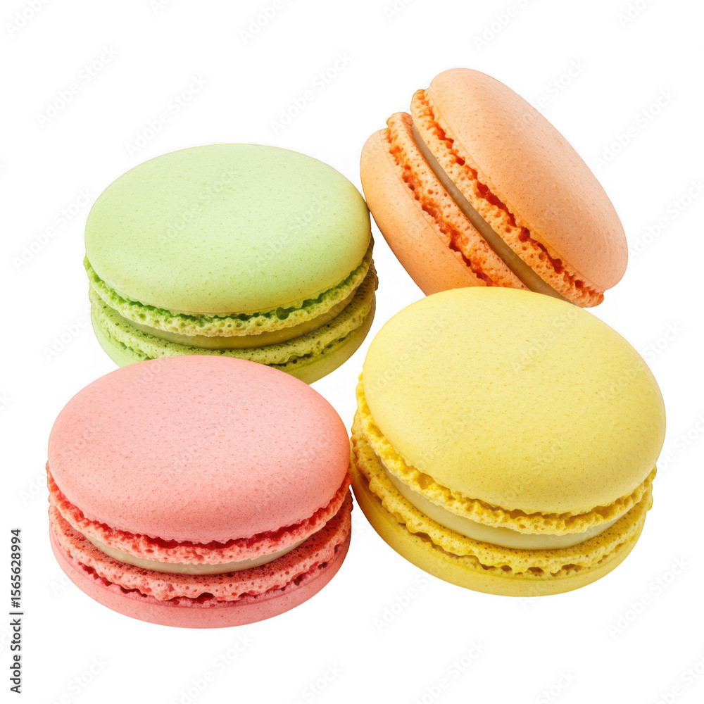 Four colorful french macarons in pastel shades isolated on transparent background Four colorful french macarons in pastel shades isolated on transparent background