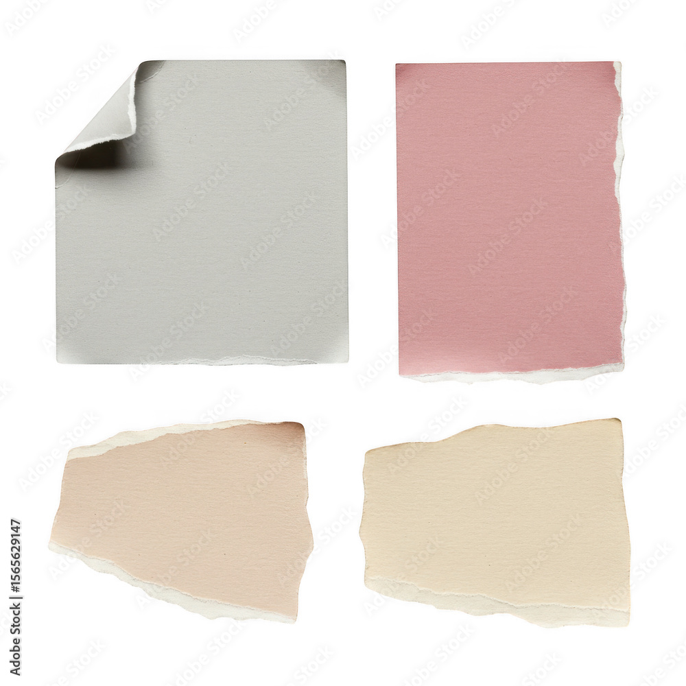 Fototapeta premium Collection of four torn paper pieces in different colors and sizes isolated on transparent background