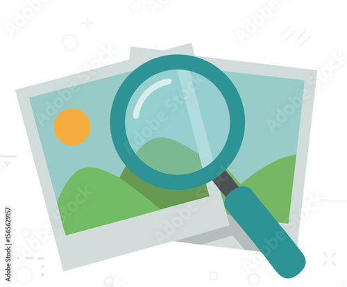 Magnifying glass inspecting landscape image with sun and hills vector illustration 