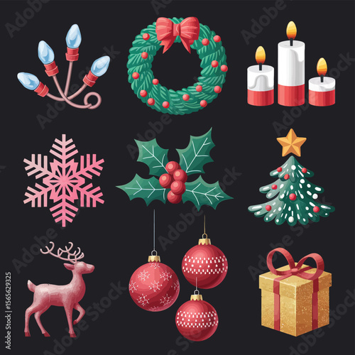 vector Happy New Year Celebrating 2025 in Latin letters , Christmas Decoration Items Santa Claus
