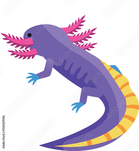 Purple axolotl aquatic amphibian with pink gills and yellow striped tail vector illustration 