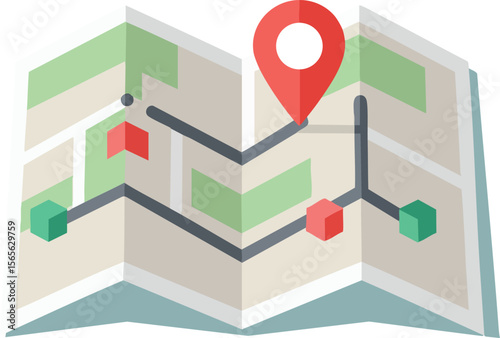 Map with location pin and route navigation in flat vector style for travel and direction guidance 