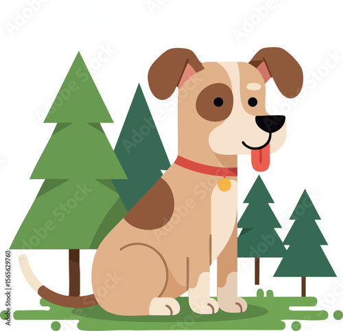 Brown and White Dog Sitting Outdoors with Green Pine Trees Vector Illustration 