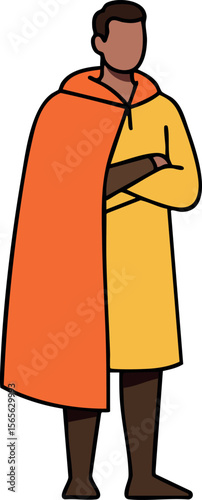 Male figure wearing orange cape and yellow robe standing with crossed arms vector illustration 