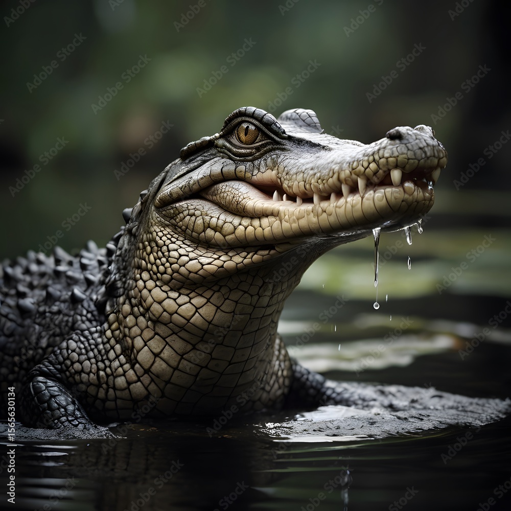 Obraz premium A crocodile partially submerged in still water, eyes locked on the viewer. A close-up of stealth, tension, and primal focus in the wild, captured in haunting photo-realistic detail.