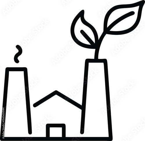 Ecology factory with leaves and smoke line art drawing, sustainability concept