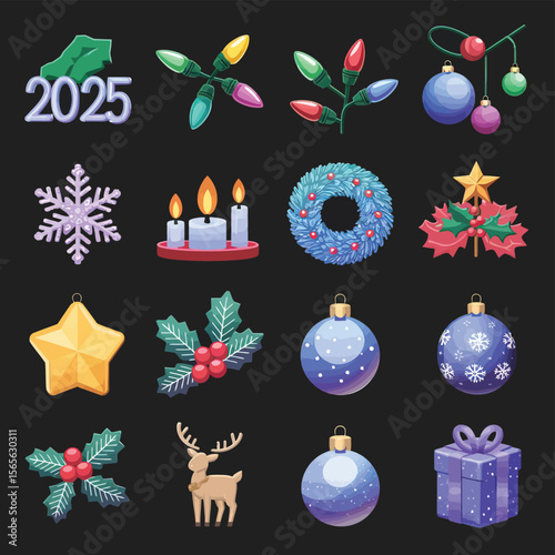 vector Happy New Year Celebrating 2025 in Latin letters , Christmas Decoration Items Santa Claus
