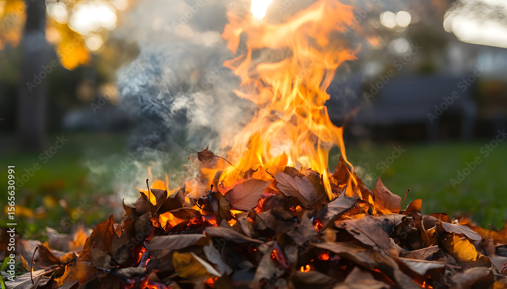 Pile burning autumn leaves backyard. Smoke curls upwards into sky. Flames and fire with orange, red, yellow colors. Fall season in nature, seasonal scenery, outdoor, green grass and background Pile burning autumn leaves backyard. Smoke curls upwards into sky. Flames and fire with orange, red, yellow colors. Fall season in nature, seasonal scenery, outdoor, green grass and background