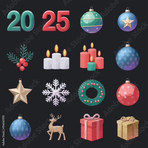vector Happy New Year Celebrating 2025 in Latin letters , Christmas Decoration Items Santa Claus

