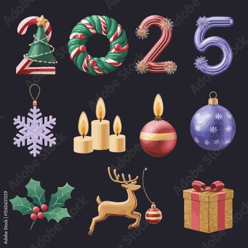 vector Happy New Year Celebrating 2025 in Latin letters , Christmas Decoration Items Santa Claus
