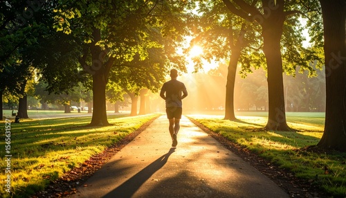 Man jogging through a scenic park at sunrise – fresh air, golden light, and movement combine to represent physical and mental well-being
