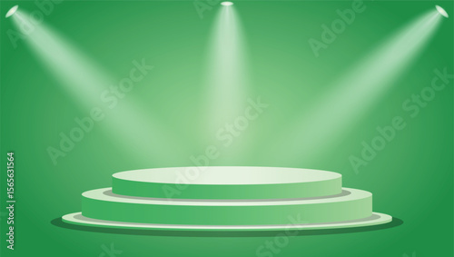 Vibrant green podium background featuring round stage and glowing spotlights ideal for product displays, presentations, advertising, banners, posters, and digital design projects