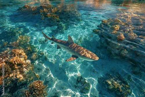 Fototapeta Naklejka Na Ścianę i Meble -  Tiger shark is swimming in the crystal clear shallow water of a tropical lagoon, over a coral reef, creating a beautiful and fascinating underwater scene