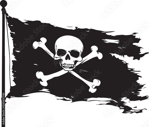 Pirate Flag with Skull and Crossbones Silhouette Vector Illustration on Transparent Background