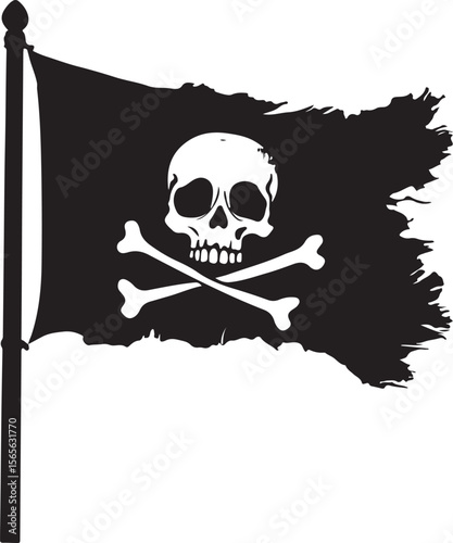 Pirate Flag with Skull and Crossbones Silhouette Vector Illustration on Transparent Background
