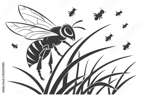 Black and white Honey Bee Silhouette with grass and other bees