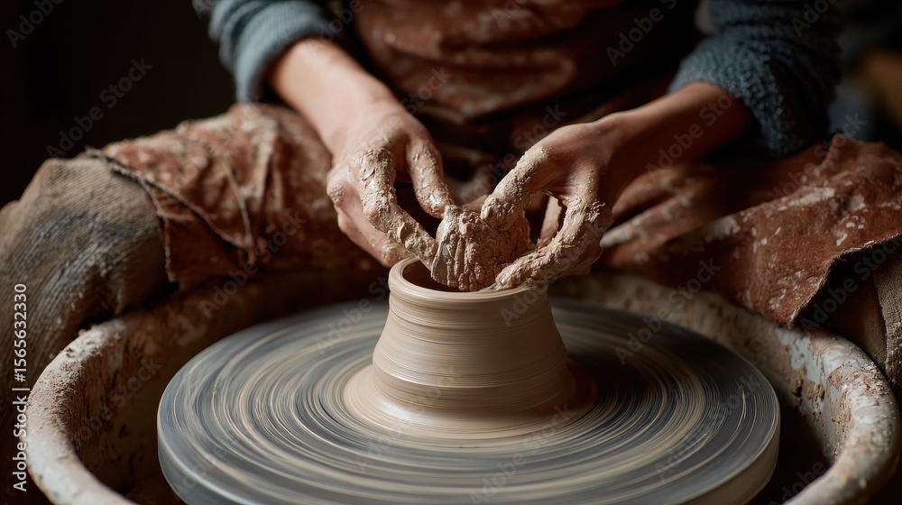 Artisan using a sculpting tool to shape a piece of clay turning on a pottery wheel while sitting in her ceramic workshop , no logos, no brands Artisan using a sculpting tool to shape a piece of clay turning on a pottery wheel while sitting in her ceramic workshop , no logos, no brands