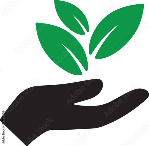 Hand holding leaf icon representing care for nature, eco-friendly concept
