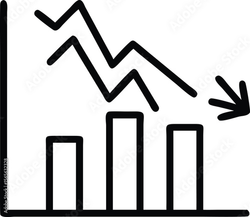 Falling bar chart with downward trend line and arrow icon vector