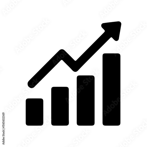 Black silhouette icon of bar chart with upward arrow. Filled vector illustration. Growth, analytics, and business success concept. Design for banner, sticker, print, poster, card. Flat icon view