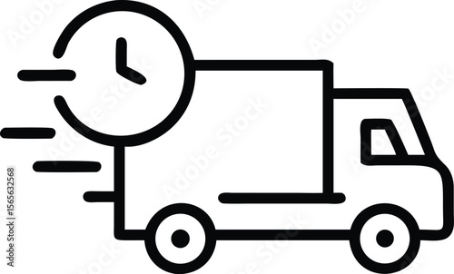 Fast shipping delivery truck with clock icon in outline style