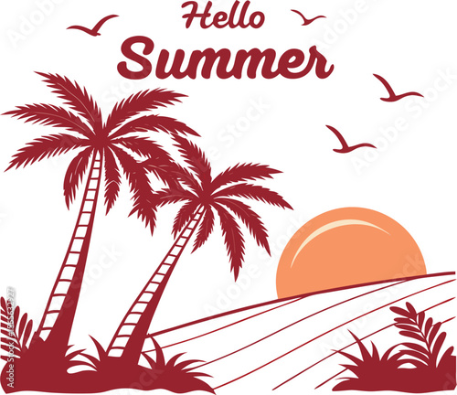 Tropical island paradise: sun-drenched beach with swaying palm trees and a vibrant ocean sunset