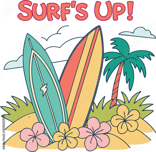 Tropical summer beach vector illustration with surfboards and ocean waves