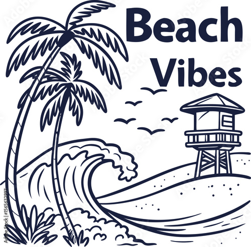 Vector illustration of a tropical island with palm trees, a summer beach vacation paradise design