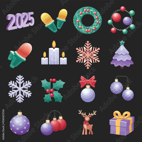 vector Happy New Year Celebrating 2025 in Latin letters , Christmas Decoration Items Santa Claus
