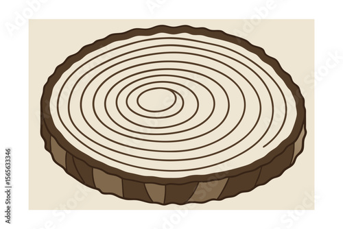 A brown beige tree stump with concentric rings a rough bark edge wood cross