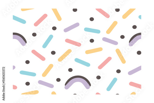 Colorful abstract pattern with pastel colored oblong shapes dark grey dots curved lines on