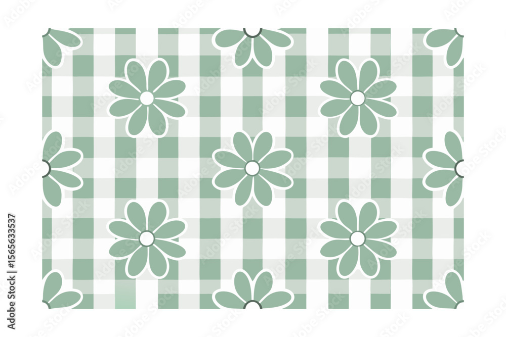 Green daisy flowers on a checkered pattern with outlines centers isolated floral