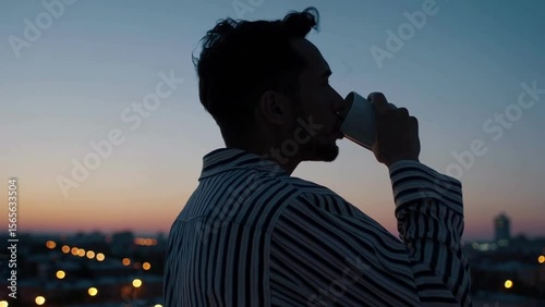 Man in Striped Pajamas Drinking Coffee on Rooftop at Dusk with City Lights