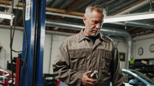 Mature Mechanic in Workshop Holding Oil Bottle, Automotive Service and Expertise Concept